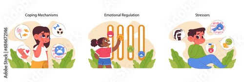 Childhood neurosis set. Children feeling anxious and depressed. Learning to cope with difficulties and self-soothe. Emotional regulation, external pressures. Flat vector illustration