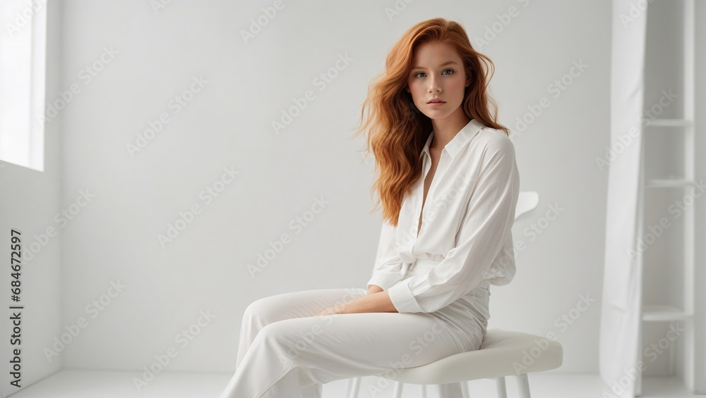 redhead model in white, embodying minimalistic elegance and modern fashion