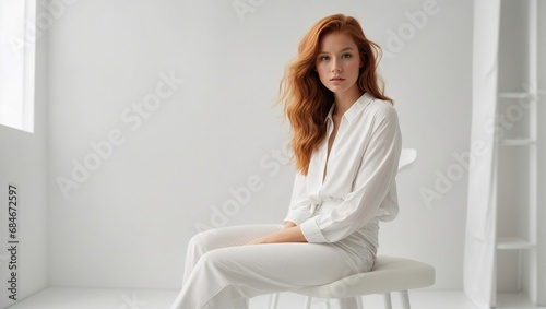 redhead model in white, embodying minimalistic elegance and modern fashion photo