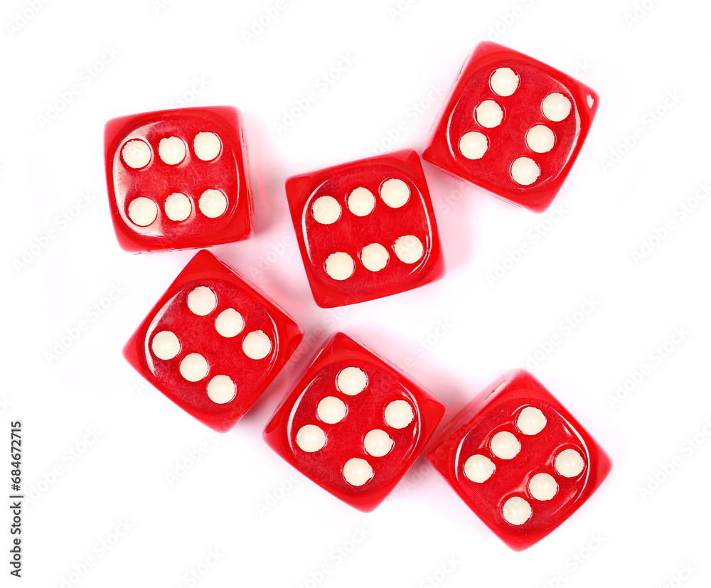 Red dice isolated on white background, top view Red dice isolated on white background, top view