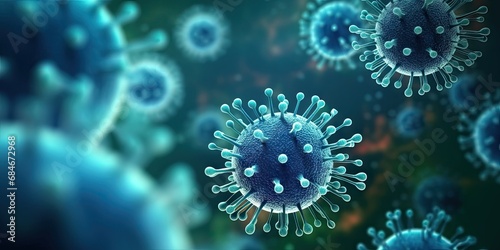 Microscopic warfare. Detailed exploration of virus biology and contagion featuring an abstract composition of microbes cells and pathogens in shades of blue scientific complexity of health and disease © Thares2020