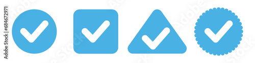 Social networks blue verification checkmarks. A set of verification check boxes. White check mark on a blue background vector. Voting in vector form. Vector illustration.