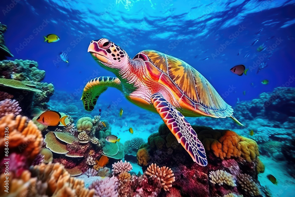 Turtle life Underwater with colorful coral reef, sea life fishes and ...