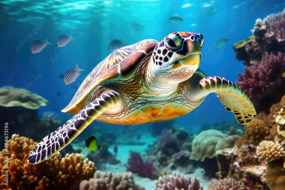 Fototapeta premium Turtle life Underwater with colorful coral reef, sea life fishes and plant at seabed background, Colorful Coral reef landscape in the deep of ocean, Marine life concept.