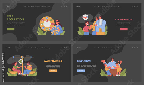 Conflict Resolution set. Harmonious interactions showcased through familial and social scenarios. From trust-building to cooperative compromises. Flat vector illustration