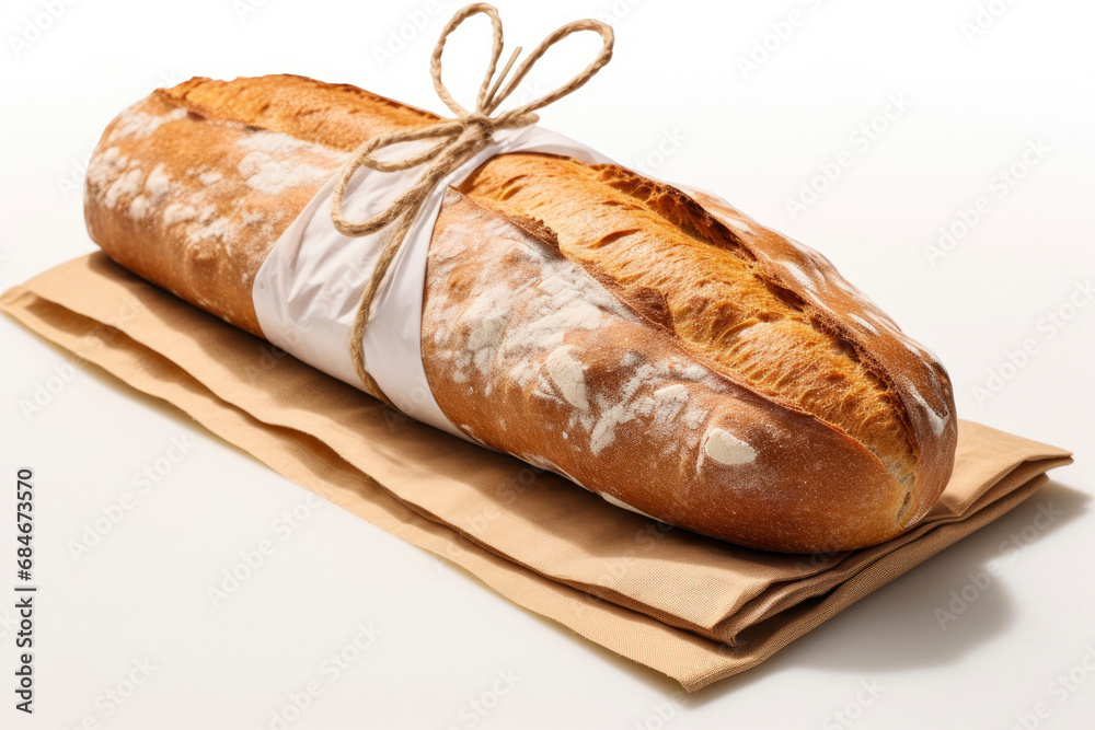 Freshly baked delicious loaf bread packed in simple paper bag and tied with twine on white background. Cozy home concept. Close-up. Copy space.