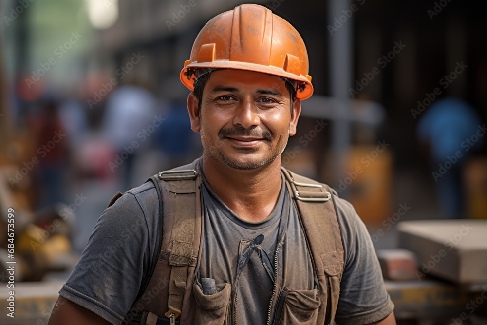 Adult male construction worker donning a protective helmet at a building site. Technician, employee. Collaborative worker. Building location. Adult male construction worker donning a protective helmet at a building site. Technician, employee. Collaborative worker. Building location.