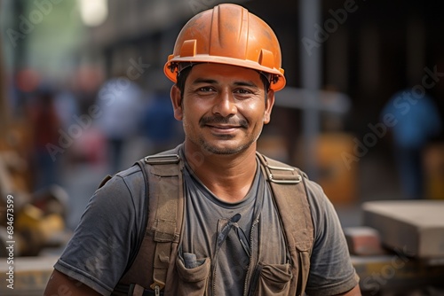 Adult male construction worker donning a protective helmet at a building site. Technician, employee. Collaborative worker. Building location.