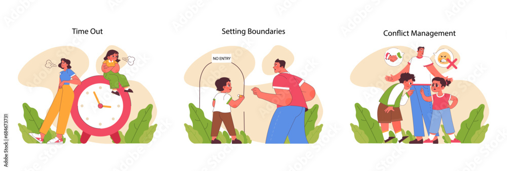 Effective communication set. Parents and children showcase key communicative skills. Setting boundaries, managing conflict situations, taking breaks during arguments. Flat vector illustration
