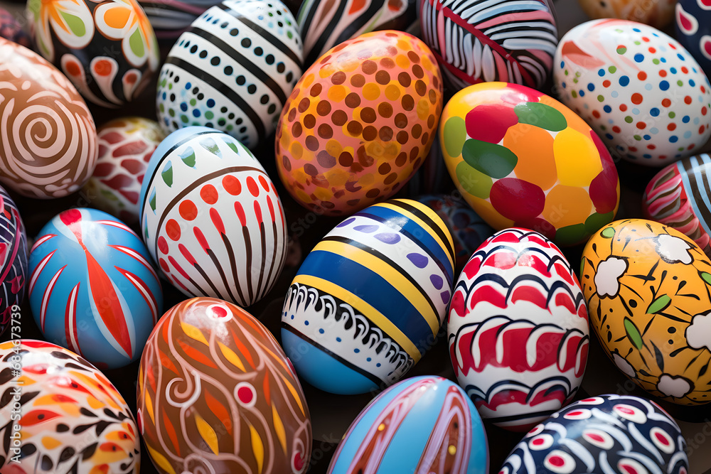 Obraz premium Vivid and Playful Pattern Eggs, easter eggs, colorful, energetic designs sparking joy, Playful Art Concept, Generative AI.