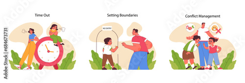 Effective communication set. Parents and children showcase key communicative skills. Setting boundaries, managing conflict situations, taking breaks during arguments. Flat vector illustration photo