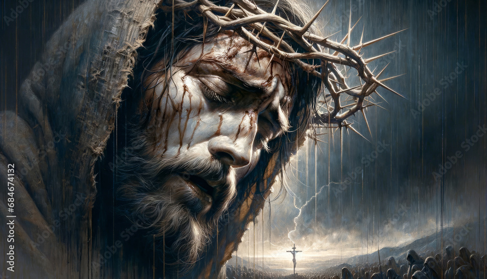 Obraz premium Christ Crowned in Thorns: A Gaze into Jesus' Agony at Calvary's Hill.