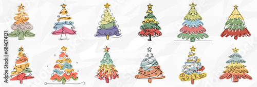 Festliche Farbenpracht: Bundle mit bunten Weihnachtsbäumen als künstlerische Lineart-Illustrationen