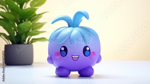 A purple toy sitting next to a potted plant