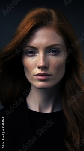 A close up of a woman with long red hair