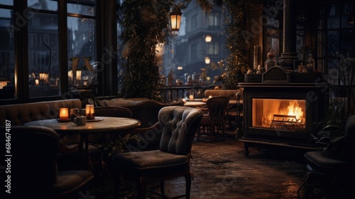 A dimly lit restaurant with a fireplace in the middle of the room