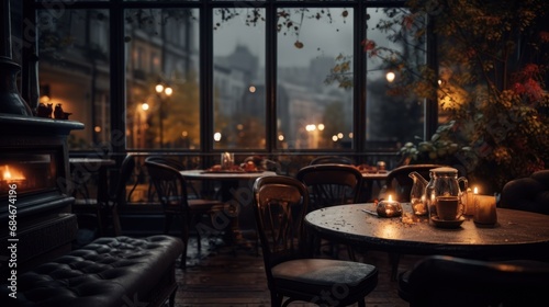 A dimly lit restaurant with tables and chairs