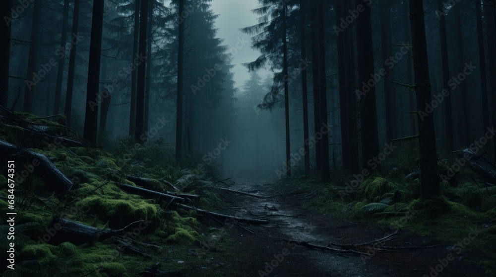 A path in the middle of a dark forest