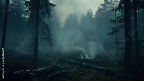 A foggy forest filled with lots of trees