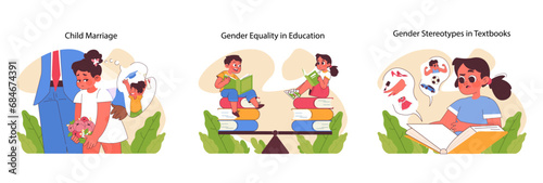 Social issues set. Young girls distress in forced wedding, children of diverse backgrounds enjoying education, and biases in study materials. Child rights, equal learning. Flat vector illustration
