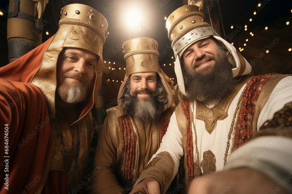 Three Kings joyfully selfie in ancient city, Epiphany