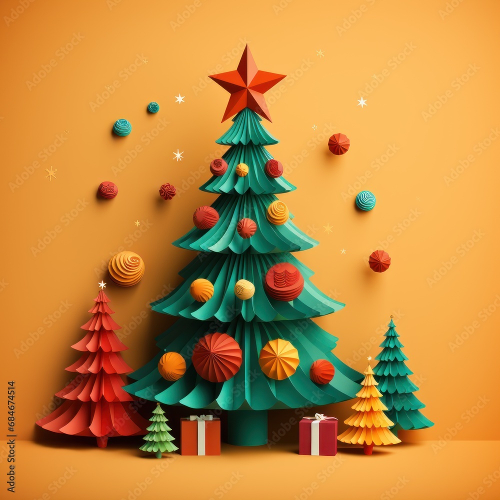 Obraz premium Handmade Christmas tree, folded paper cut style, Happy New year and merry Christmas greeting
