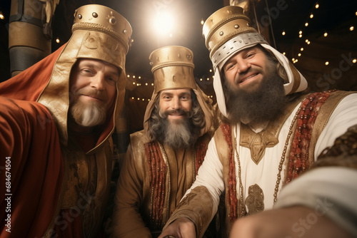 Three Kings joyfully selfie in ancient city  Epiphany