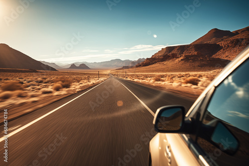 Car on desert highway road. Car trip along desert mountain landscape, closeup side view © MariiaDemchenko