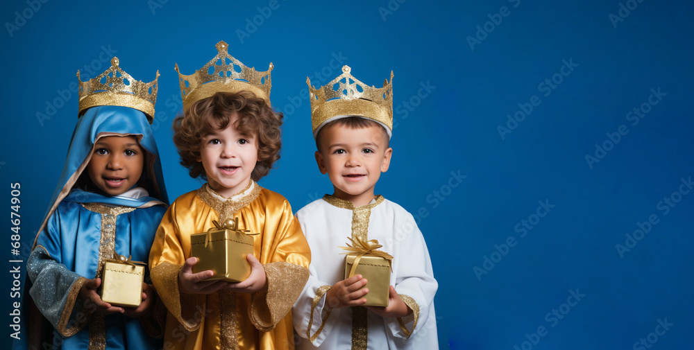 Obraz premium Three boys in royal costumes with gifts on a blue background, Epiphany