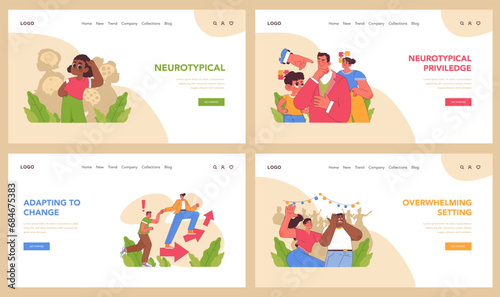Neurodivergent relationships set. Capturing connection, sensory challenges, and flexibility. Embracing differences and building resilience. Adapting, learning to communicate and understand.