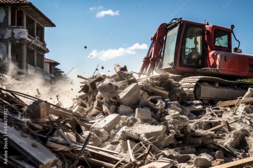 Fototapeta premium Construction equipment removes rubble of stone and concrete on city streets after a devastating earthquake