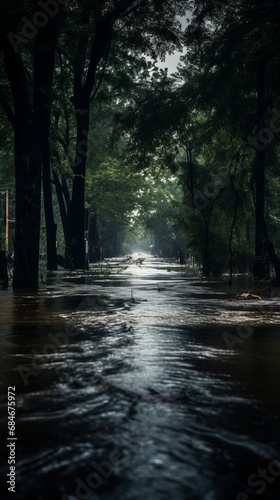 Flooded city streets after severe flooding  consequences of heavy rain and river overflows