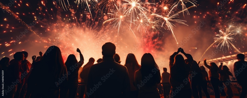 people at new years party on firework background
