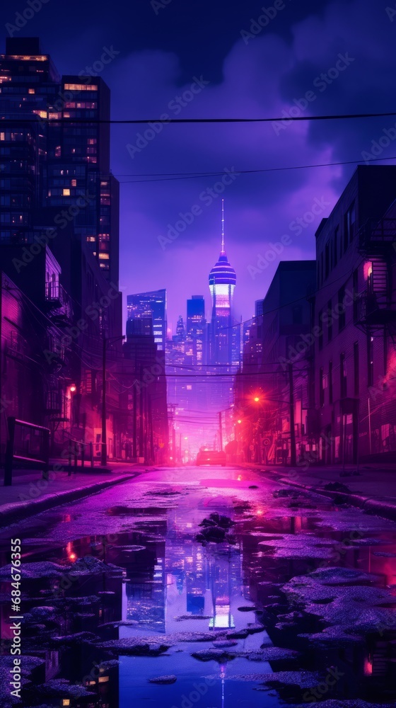 Night city, empty city streets after sunset in neon purple color