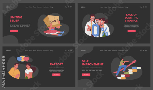 Neuro-linguistic programming set. Overcoming barriers, fostering confidence, pursuing personal growth. Free from self-doubt, celebrating achievements. Stepping stones to success. Flat vector