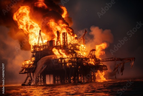 Fire on an oil rig in the sea or ocean, oil burns, environmental pollution photo