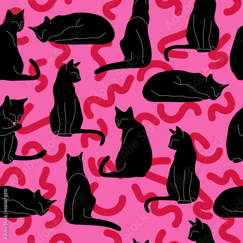 Black cat hot pink maximalist pattern for Valentine`s Day
