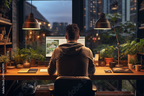 Man is working at computer, laptop, in modern apartment at desk near window with scenic city view. Remote work from home, telecommuting, freelance