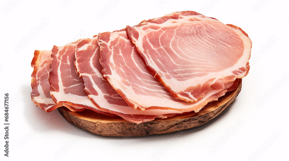 A piece of Coppa Stagionata, an Italian air-cured ham, solitary on a white backdrop.
