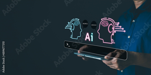 man holding command prompt ai chat bot. Big data storage.Digital Artificial Intelligence technology disruption concept. use AI to generate management service technology support in the business.