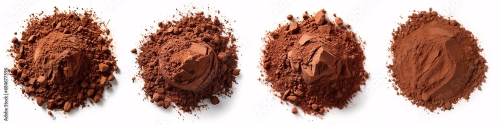 A heap of cocoa powder, in a bird's eye view, sits on a pristine white surface. A heap of cocoa powder, in a bird's eye view, sits on a pristine white surface.