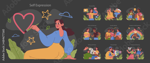 Self expression dark or night mode set. Creative individuals showcasing identity and passions. Personal blogging, cultural dances, crafting. Expressive hobbies visualized. Flat vector illustration