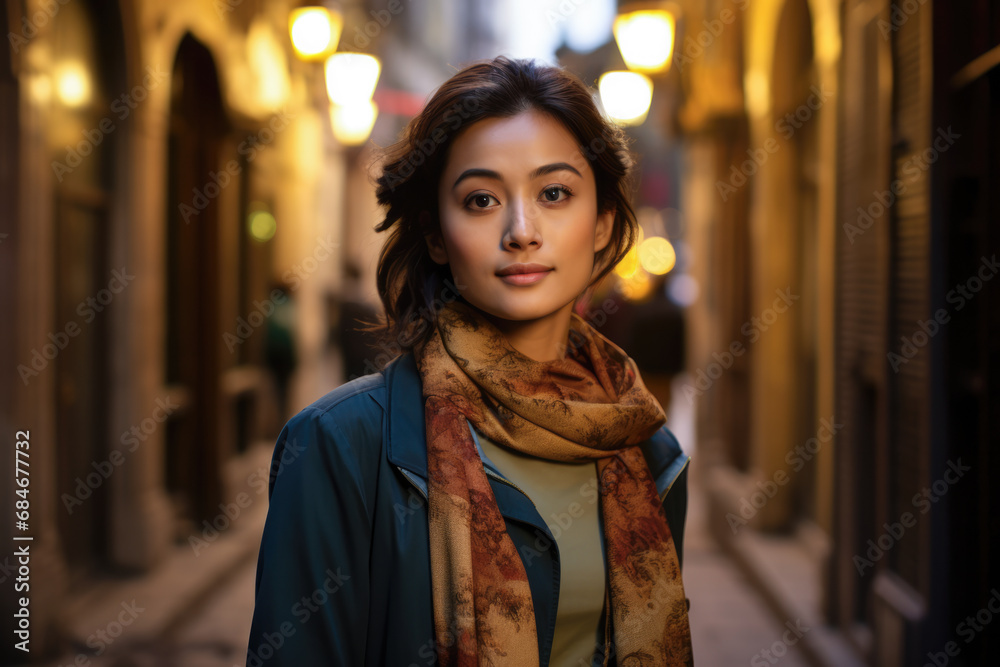 Radiant Asian woman with cozy scarf on a city street