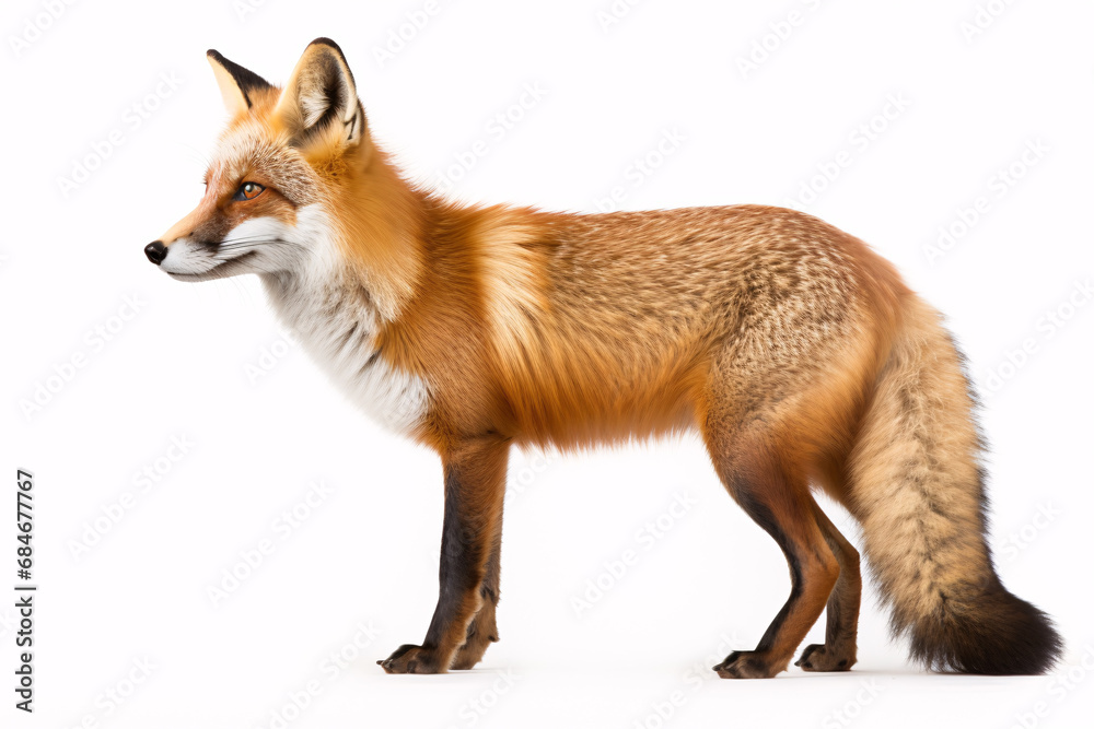 A lonesome Red fox stands in view upon a blank background.