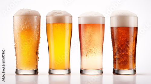 Four refrigerated beers isolated on a white backdrop.