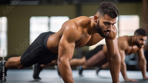 Strong man with bare chest does push ups in public gym muscular sportsman exercises photo