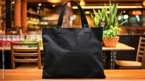 Realistic Black Tote Canvas Fabric Bag Set-up In A Restaurant, Coffee Shop Interior, Tote Mock Up Blank. Black Tote Bag Template. Blurred Effect In Background