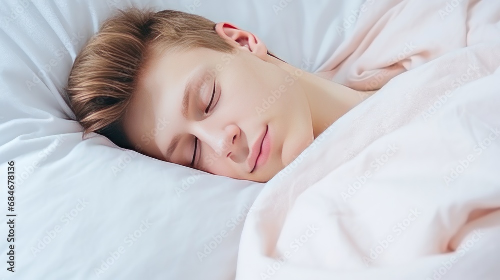 Young Caucasian man sleeps under warm plaid on soft bed at home closeup Young Caucasian man sleeps under warm plaid on soft bed at home closeup