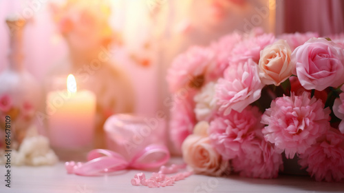 pink roses and candles HD 8K wallpaper Stock Photographic Image 