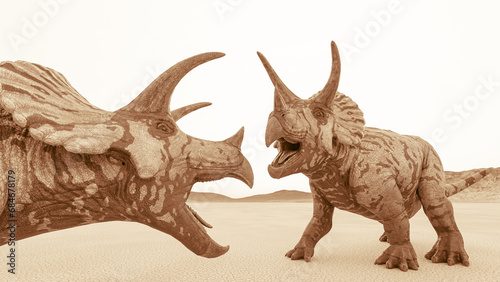 triceratops are facing each other before the fighting in the desert close up view © DM7